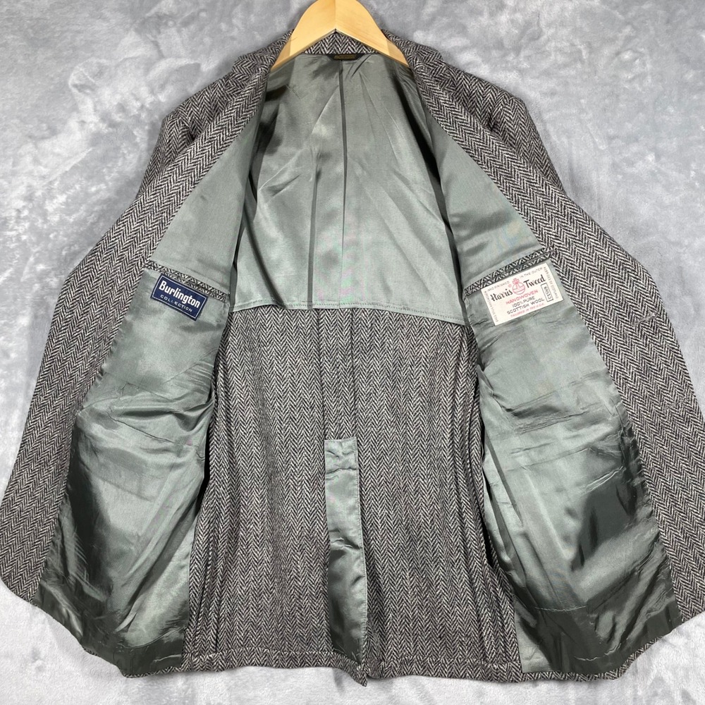 Harris Tweed Mens Grey Herringbone Scottish Wool Blazer Sport Coat 42L USA - Picture 3 of 11